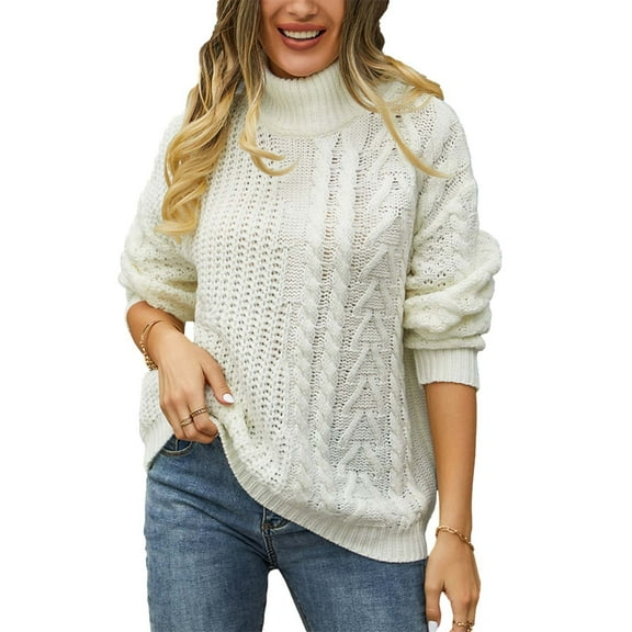 MIUOWANP Sweaters for Women 2024 Petite Woman's Sweaters High Collar Knit Loose And Comfortable Long Sleeve Sweaters For Woman White M