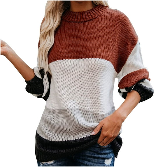 MIUOWANP Sweaters for Women 2024 Women Casual Stripe Patchwork Long Sleeve Thick Knit Pullover Crewneck Sweater Coat Brown XL