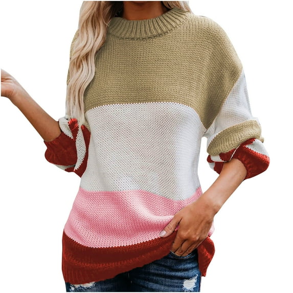 MIUOWANP Sweaters for Women 2024 Women Casual Stripe Patchwork Long Sleeve Thick Knit Pullover Crewneck Sweater Coat Khaki XXXL