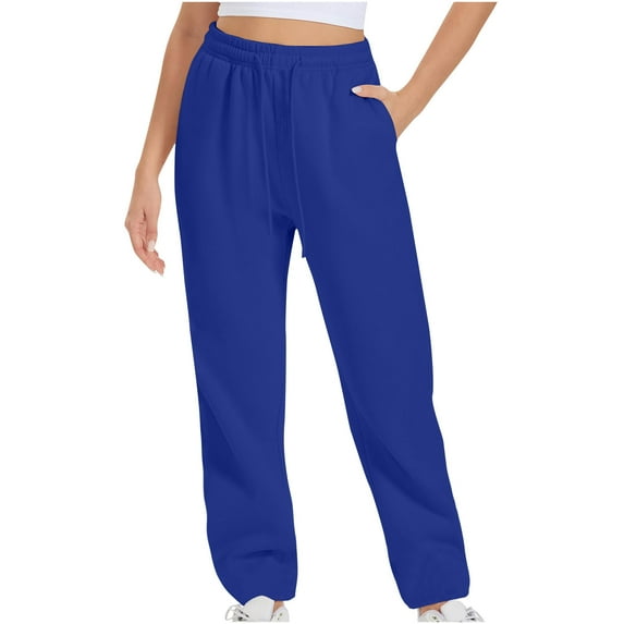 MaFYtyTPR Women's Sweatpants Fashion Elastic-Lace-Up Casual Solid Color Sports Casual Pants Blue L