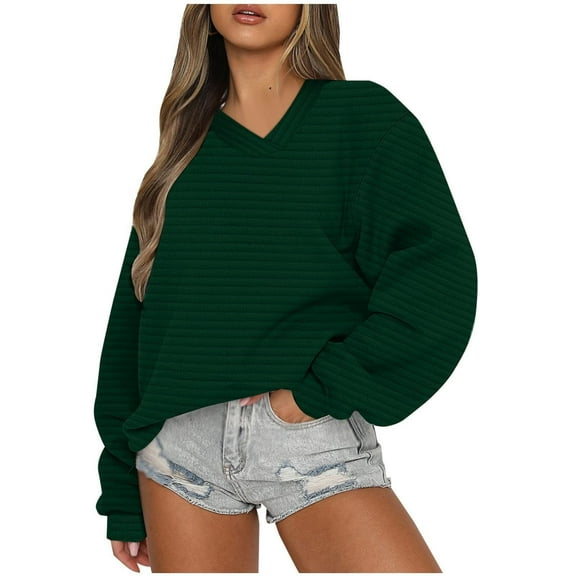 MIUOWANP Sweatshirt for Women Trendy Womens V-neck Fashion Sweatshirts Long Sleeve Pullover Basic Tops Fall Clothes Blouse Army Green M