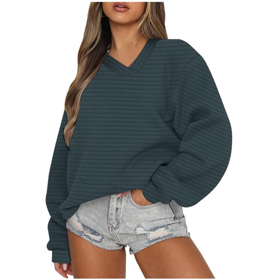 MIUOWANP Sweatshirt for Women Trendy Womens V-neck Fashion Sweatshirts Long Sleeve Pullover Basic Tops Fall Clothes Blouse Navy M