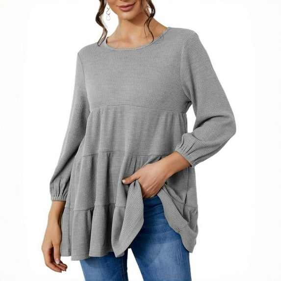 MIUOWANP Sweatshirt for Women Womens Fashion Casual U-Neck Solid Puff Sleeve Long Sleeve Tops Gray M