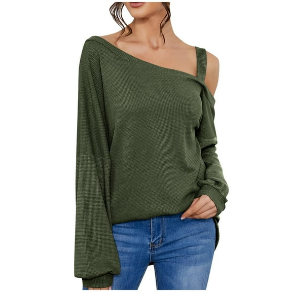 MIUOWANP Sweatshirt for Women Zip up Fashion Women's Solid Color Strapless Long Sleeve Pullover Loose Sweater Green S