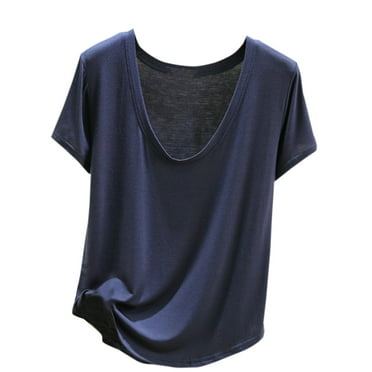 MIUOWANP T-Shirt for Women Casual Summer Solid Color V-Neck Top Loose Breathable Quick-Dry Sports Shirt Size L(8)Blue