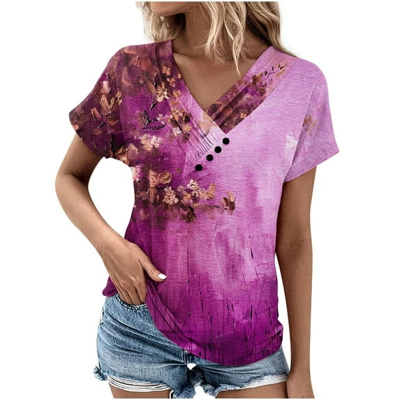 MIUOWANP T-Shirt for Women Plus Size Loose Breathable V-Neck Short-Sleeve Top Floral Print Suitable for Summer Shirt Size XL(10)Purple