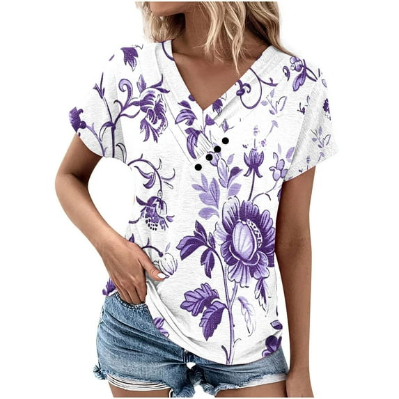 MIUOWANP T-Shirt for Women Plus Size Loose Breathable V-Neck Short-Sleeve Top Print Suitable for Summer T-Shirt Size XXL(12)Purple
