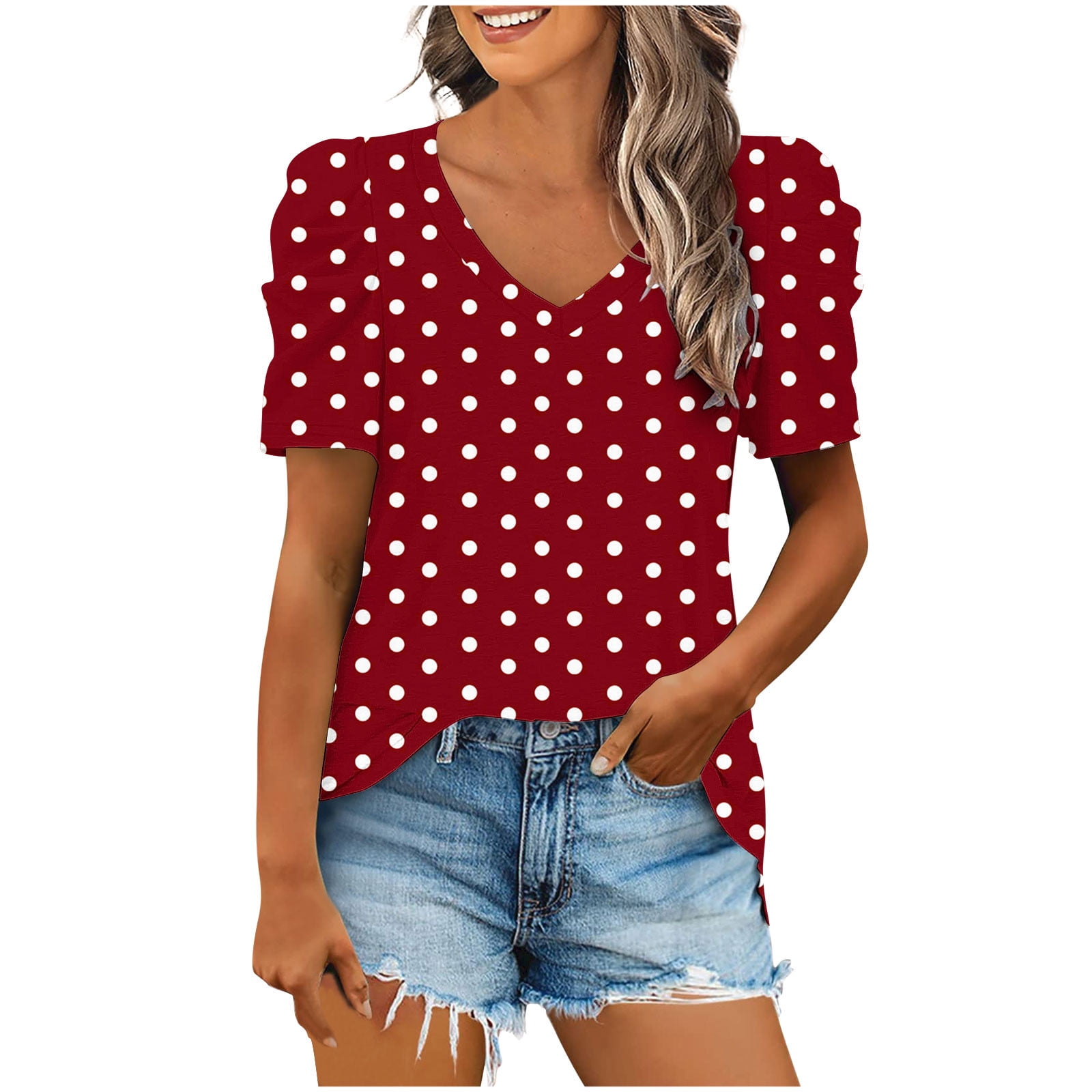 MIUOWANP T-Shirt for Women Plus Size Polka Dot Print V-Neck