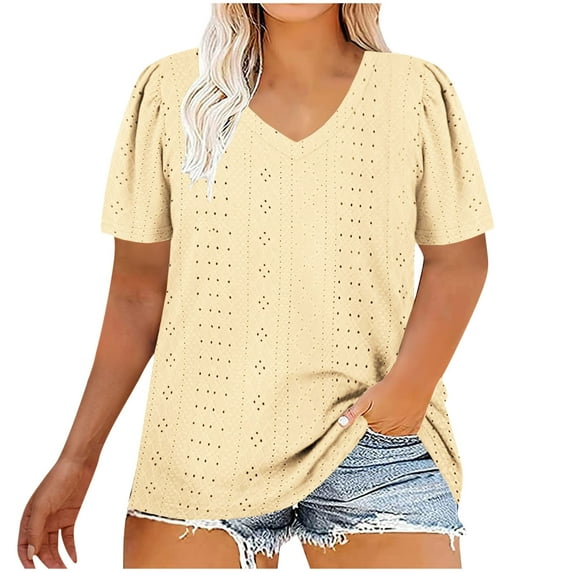 MIUOWANP T-Shirt for Women Plus Size Solid Color V-Neck Loose Breathable Cutout Short Sleeve Top Size XXXXL(16)Yellow