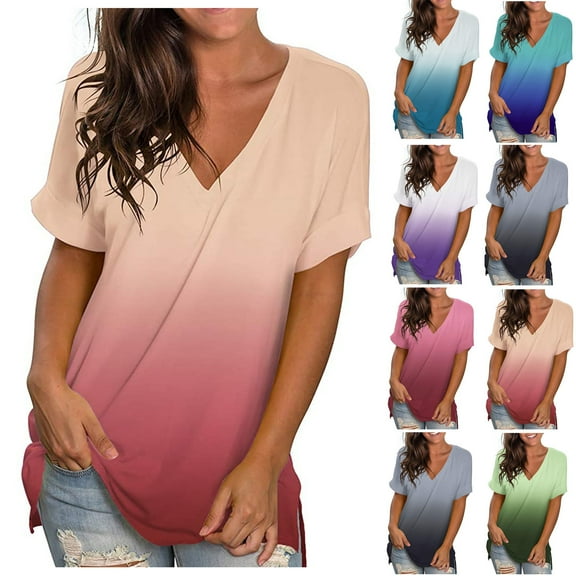 MIUOWANP T-Shirt for Women with Short Sleeve Loose Gradient Style Blouse