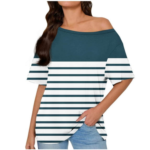 MIUOWANP T-Shirts for Women Casual Striped Printed Skew Collar Loose Short Sleeve Tops Navy M