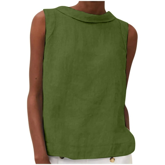 MIUOWANP Tank Tops for Women Cotton Linen Fashion Women's Round Neck Sleeveless Solid Casual Tank Tops Army Green S