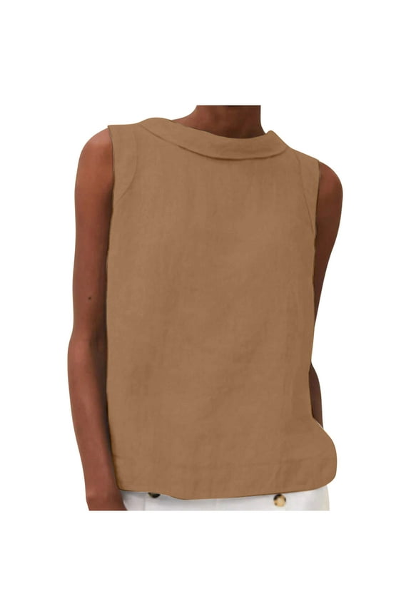Tank Tops for Women Cotton Linen Fashion Women's Round Neck Sleeveless Solid Casual Tank Tops Khaki M
