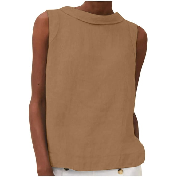 MIUOWANP Tank Tops for Women Cotton Linen Fashion Women's Round Neck Sleeveless Solid Casual Tank Tops Khaki XL