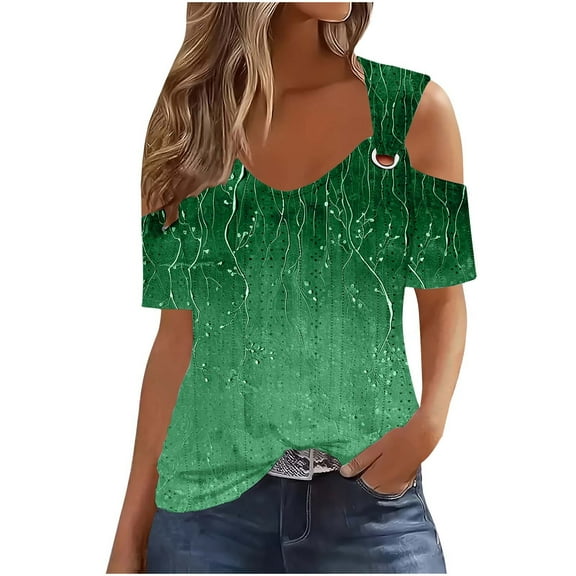 MIUOWANP Summer Blouses for Women Women'S Short-Sleeved off-the-Shoulder Cutout Casual Printed Top Multicolor Green S