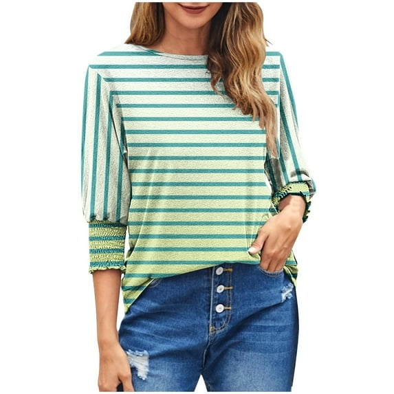 MIUOWANP Tops for Women Trendy 3/4 Sleeve Striped Print Loose Breathable Round Neck Elastic Cuffs Long Sleeve Blouse Size XL(10)Green