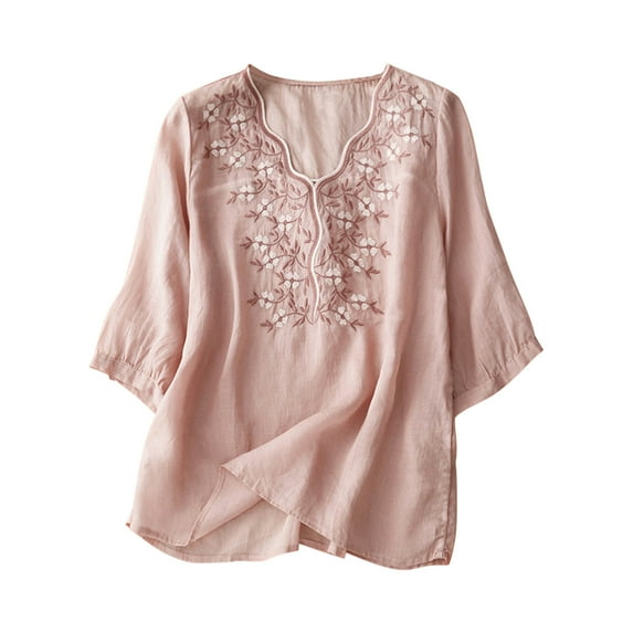 MIUOWANP Tops for Women Trendy Elbow Sleeve Solid Color Loose Breathable Cotton And Linen Embroidery T-shirt Size XXL(12)Pink