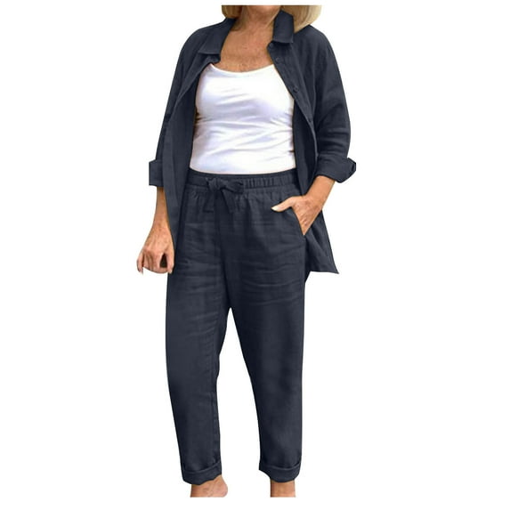 MIUOWANP Trendy Outfits for Women 2024 Women's Solid Color Round Neck Short Sleeve Tops and Pants Sets With Pockets Slim Fit Outfits Loungwear for Women, Size L Dark Blue