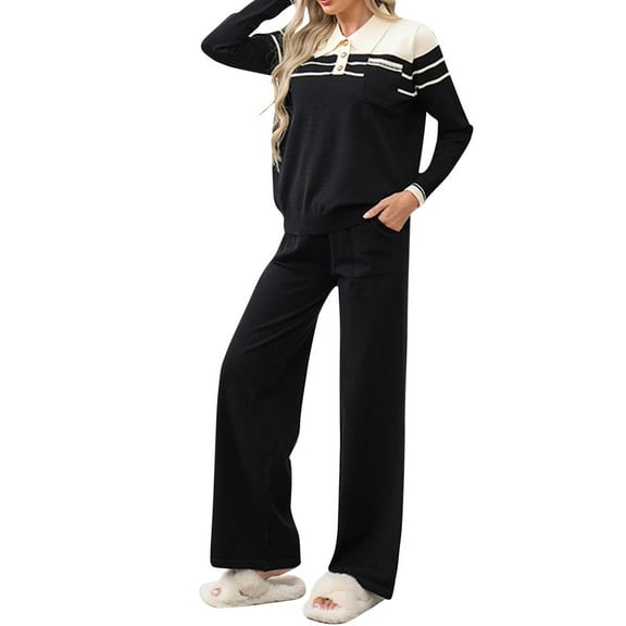 MIUOWANP Two Piece Outfits for Women Women New And Winter Sweater Loose Casual Long Sleeved Wide Leg Pants Knitted Two-piece Set Long Sleeved Round Neck Top/shirt Set