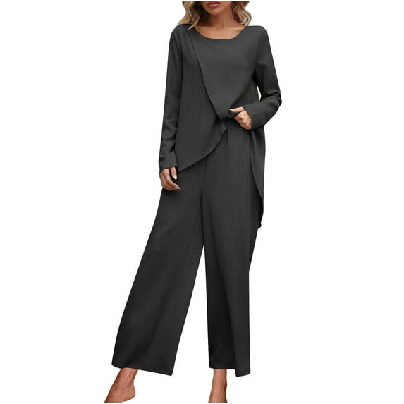 MIUOWANP Two Piece Outfits for Women Women Fashion Solid Color Long Sleeved Irregular Hem Top Elastic Waist Wide Leg Pants Set