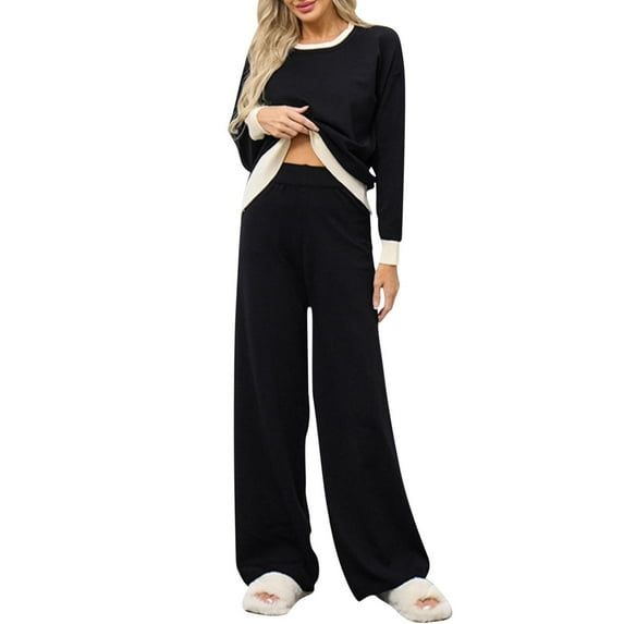 MIUOWANP Two piece Sets for Women Fall Women Winter New Style Temperament Contrasting Color Round Neck Knitted Sweater Wide Leg Pants Two-piece Set Long Sleeved Round Neck Top/shirt Set