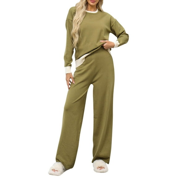 MIUOWANP Two piece Sets for Women Fall Women Winter New Style Temperament Contrasting Color Round Neck Knitted Sweater Wide Leg Pants Two-piece Set Long Sleeved Round Neck Top/shirt Set