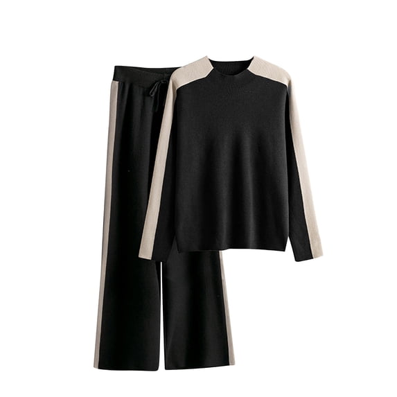 MIUOWANP Two piece Sets for Women Women's Casual Half High Necked Sweater And Pants Contrasting Color Patchwork Fashion Long Sleeved Round Neck Tops Set Suit
