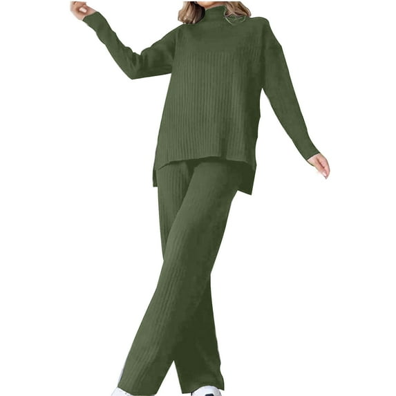 MIUOWANP Two piece Sets for Women Women's Winter Fashion New High Collar Loose Casual Two Piece Solid Color Knitted Set Long Sleeve Round Neck Top Set