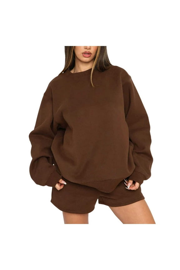 Two piece Sets for Women Fall Women's Round Neck Pullover Long Sleeve Sweater Loose Women's Fashion Casual Shorts Set