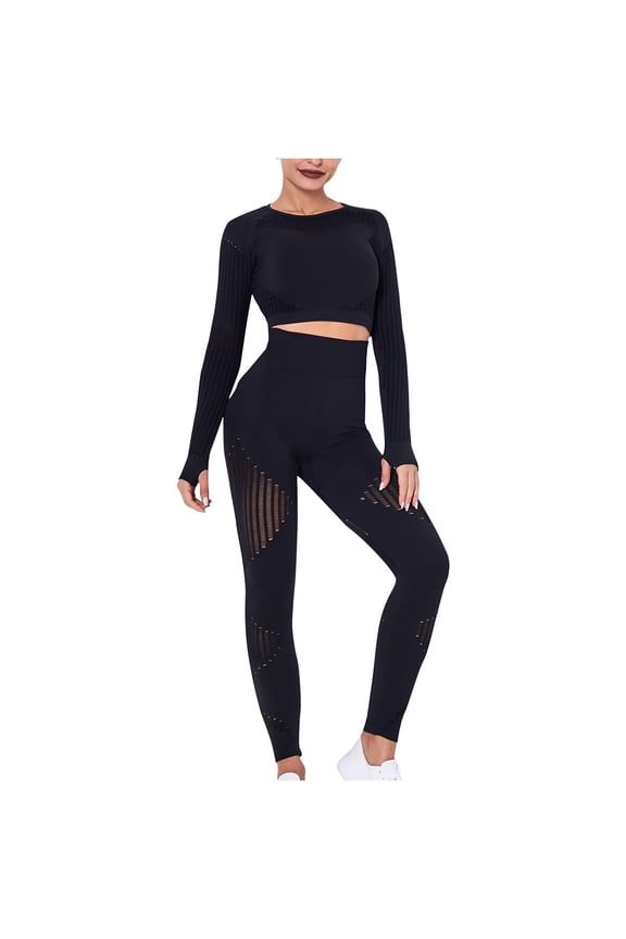 Two piece Sets for Women Ladies Seamless Hollow Yoga Long Sleeve Yoga Suit Sports Fitness Running Yoga Set