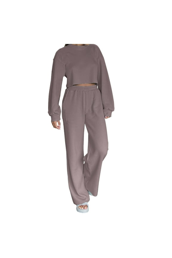 Two piece Sets for Women Women Collar Solid Long-sleeved Round Neck Short Blouses Add Pants Suit