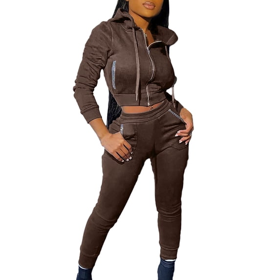 MIUOWANP Two piece Sets for Women Women's Fashion Hooded Long Sleeve Slim Zipper Sports Casual Suit