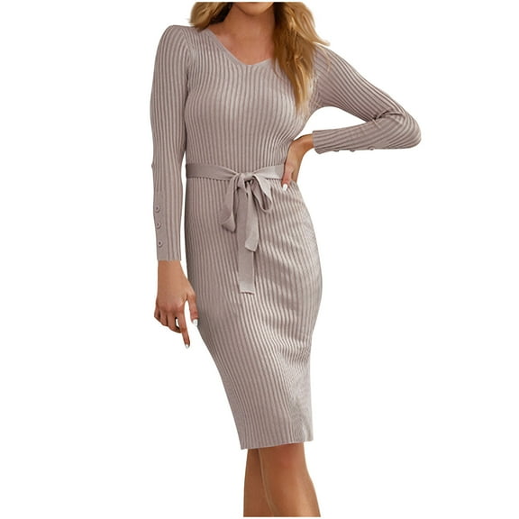MIUOWANP Winter Dresses for Women 2024 Formal Fashion Women's Spring/Summer Temperament Solid Long Sleeve V-Neck Dress
