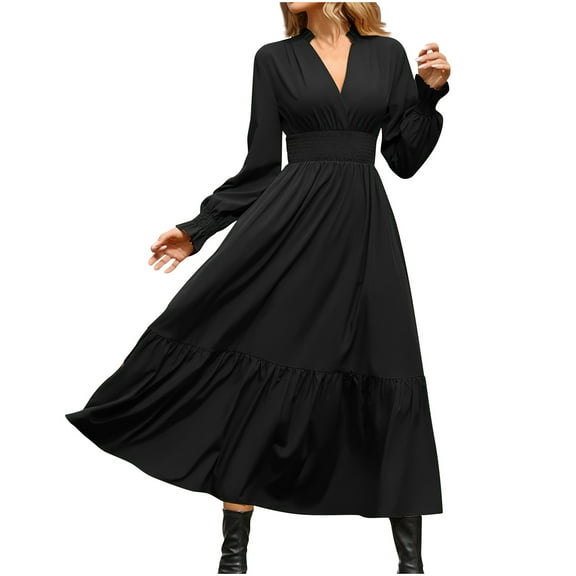 MIUOWANP Winter Dresses for Women 2024 Formal Fashion Women's Spring/Summer Temperament Solid Long Sleeve V-Neck Dress