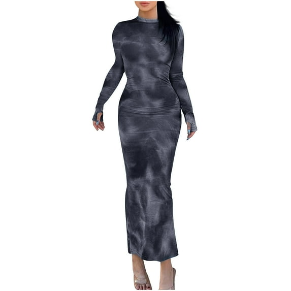 MIUOWANP Winter Dresses for Women 2024 Plus Size Fashion Sexy Women's Solid Casual Long Sleeve Round-Neck Ankle Dress