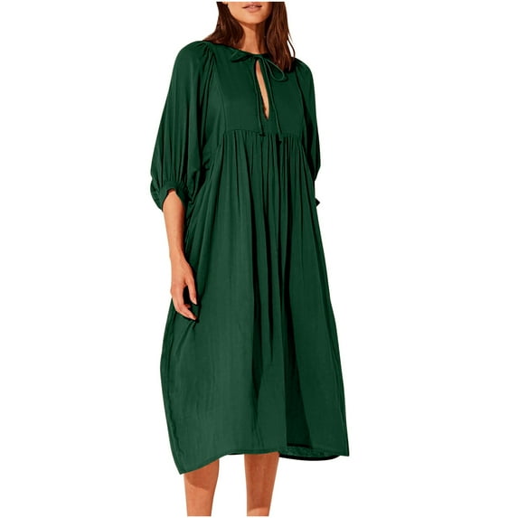 MIUOWANP Winter Dresses for Women 2024 Trendy Women's Casual Loose Solid Color Three Quarter Sleeved V-neck Lantern Sleeve Dress