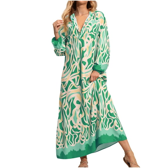 MIUOWANP Winter Dresses for Women 2024 Wedding Guest Fashion Women's Spring/Summer Temperament Printing Long Sleeve V-Neck Dress