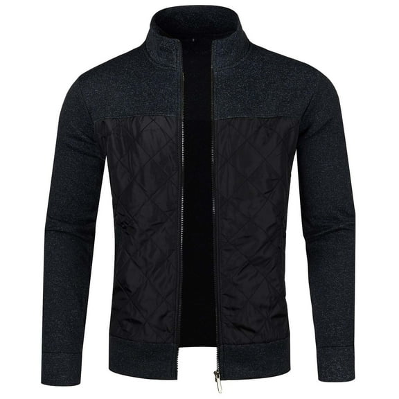 MaFYtyTPR Winter Jackets for Men Color Block Zipper Knitting with Pocket Long Sleeved Hoodless Casual Jacket on Black L(US 6)