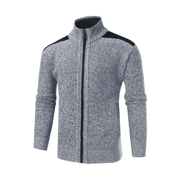 MaFYtyTPR Winter Jackets for Men Color Block Zipper Knitting with Pocket Long Sleeved Hoodless Casual Jacket on Gray XL(US 10)