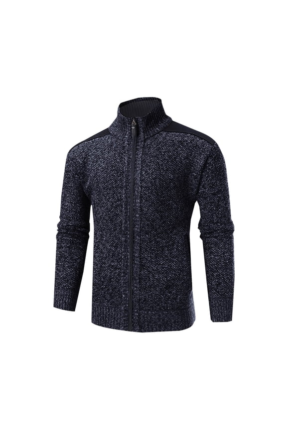 Winter Jackets for Men Color Block Zipper Knitting with Pocket Long Sleeved Hoodless Casual Jacket on Navy M(US 6)