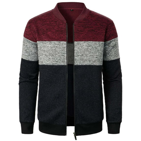 MaFYtyTPR Winter Jackets for Men Color Block Zipper Knitting with Pocket Long Sleeved Hoodless Casual Jacket on Wine XXL(US 10)