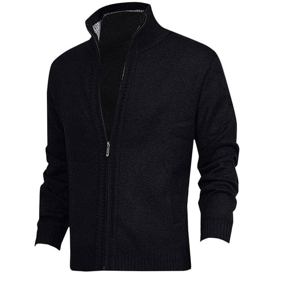 MIUOWANP Winter Jackets for Men Solid Color Zipper Knitting with Pocket Long Sleeved Hoodless Casual Jacket