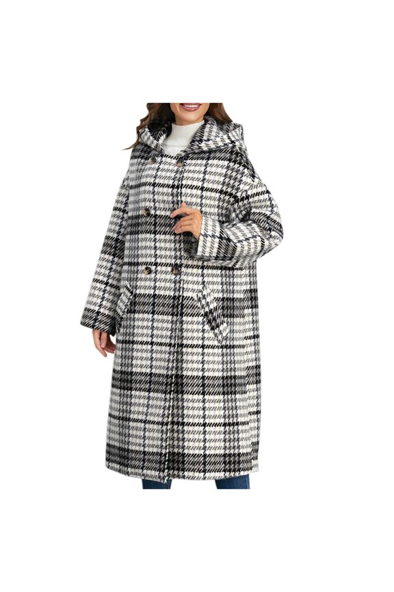 Winter Jackets for Women Women's Fashion Fall Winter Casual Hooded Outwear Plaid Coat Long Sleeve Pockets Buttons Tops Gray M