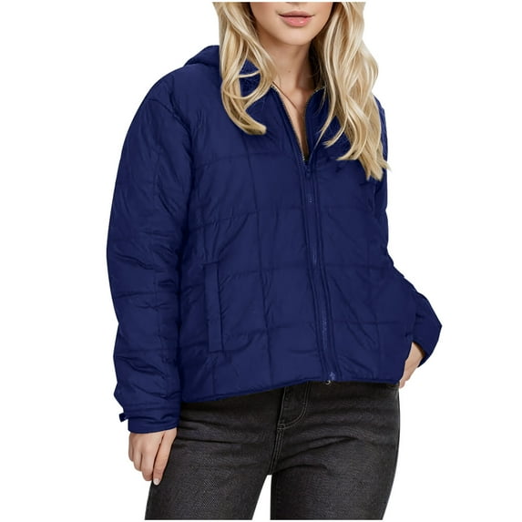 MIUOWANP Winter Jackets for Women Long Winter Women's Fashionable Solid Color Hooded Zipper Long Sleeved Jacket Blue XL