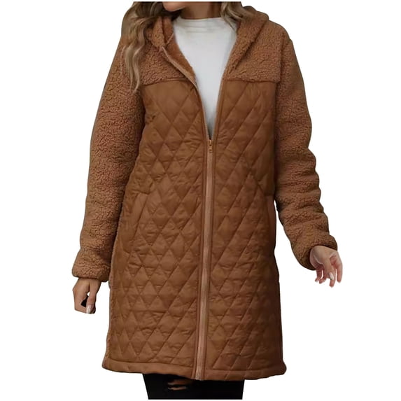 MIUOWANP Winter Jackets for Women Plus Size Ladies' Trendy Solid Color Zipper Hooded Loose Medium Long Plush Jacket Coffee L