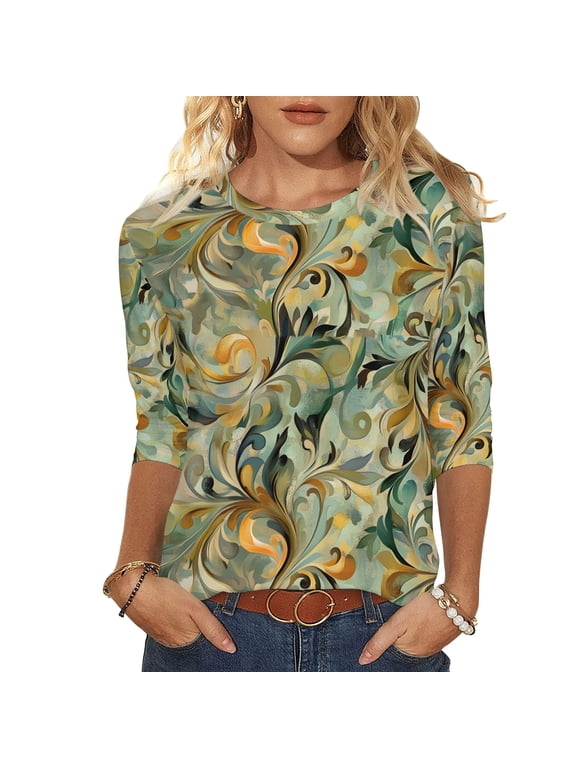 MaFYtyTPR Women 3/4 Sleeved Casual Blouse Fashion Floral Print Pullover Loose Tunic Tops A-Green M