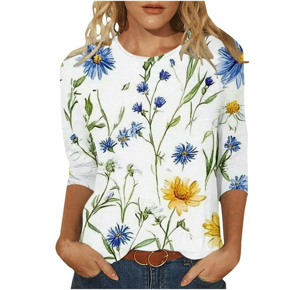 MaFYtyTPRWomen 3/4 Sleeves Casual Shirts Pullover Loose Tunic Tops Floral Print Blouse 2025