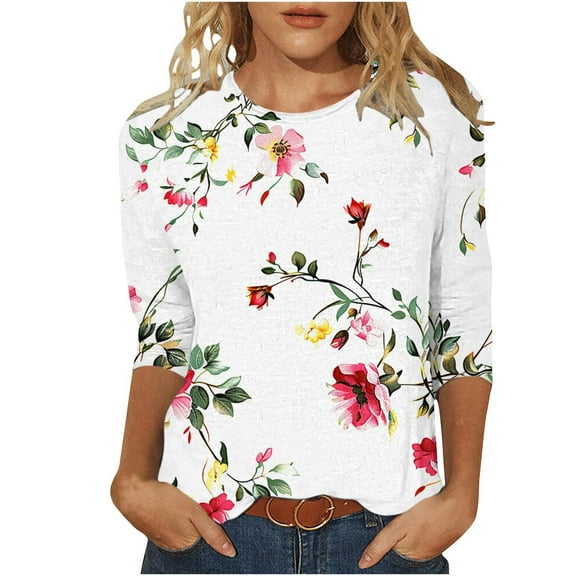 MaFYtyTPR Women 3/4 Sleeves Casual Shirts Pullover Loose Tunic Tops Floral Print Blouse 2025
