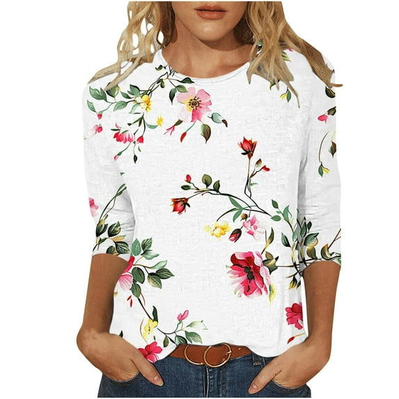 MaFYtyTPR Women 3/4 Sleeves Casual Shirts Pullover Loose Tunic Tops Floral Print Blouse 2025