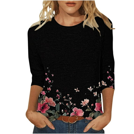 MaFYtyTPR Women 3/4 Sleeves Casual Shirts Pullover Loose Tunic Tops Floral Print Blouse 2025